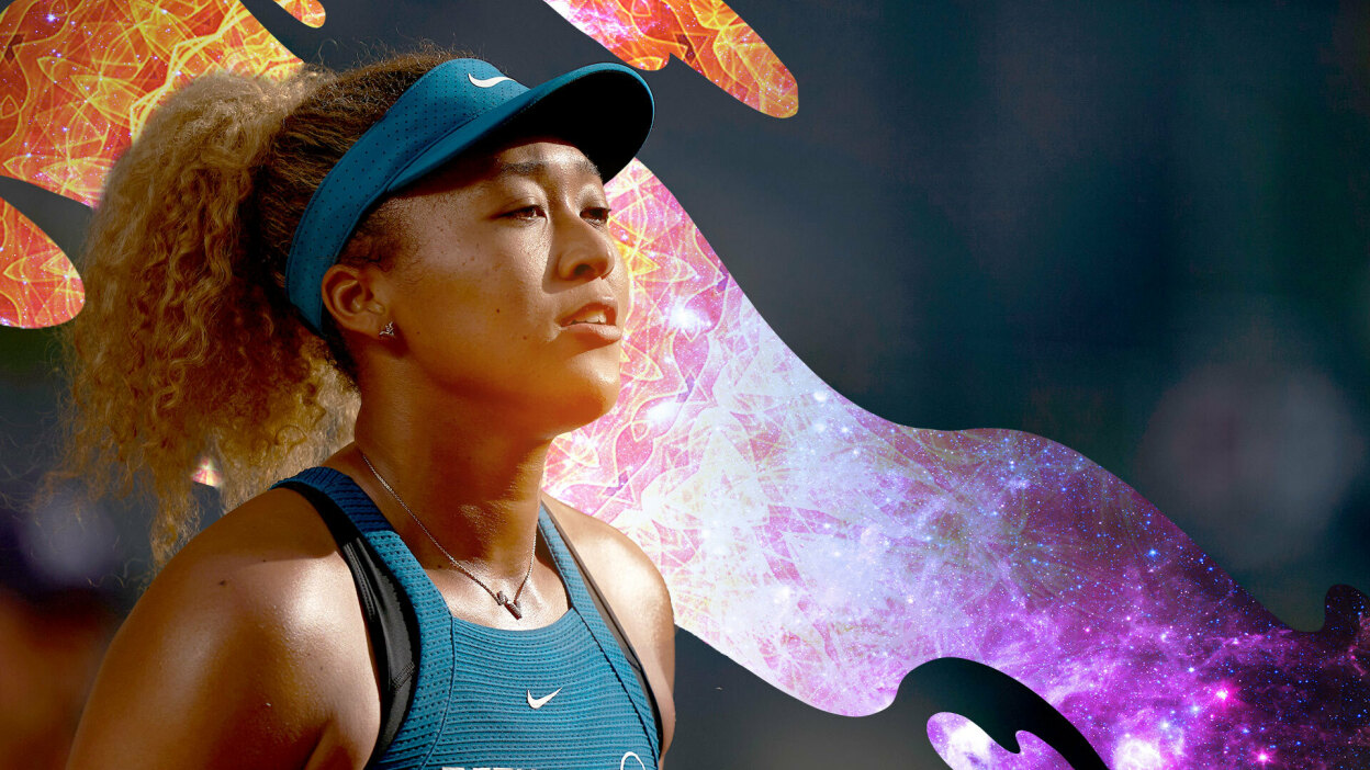 Naomi Osaka on court looking determined, with a cosmic splash of color on the background.