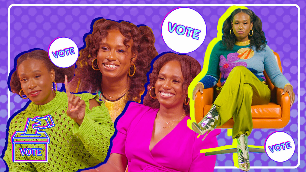 A collage of images of Chelsey Hall hosting "Civics for the Culture" in front of a purple polka dot background.