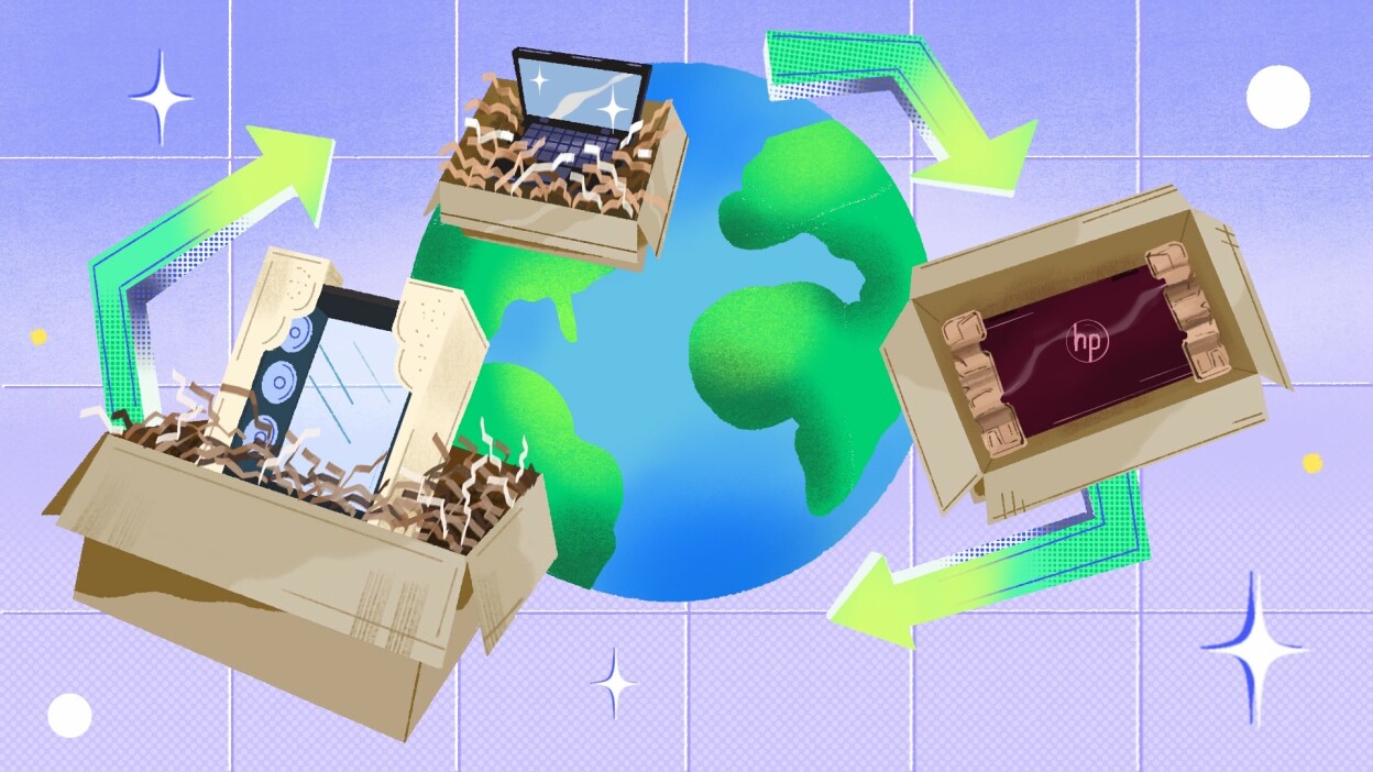 A graphic illustrating the concept of circularity; super-imposed over a background of the Earth is a packing to shipping to unboxing lifecycle model with green arrows connecting each step.