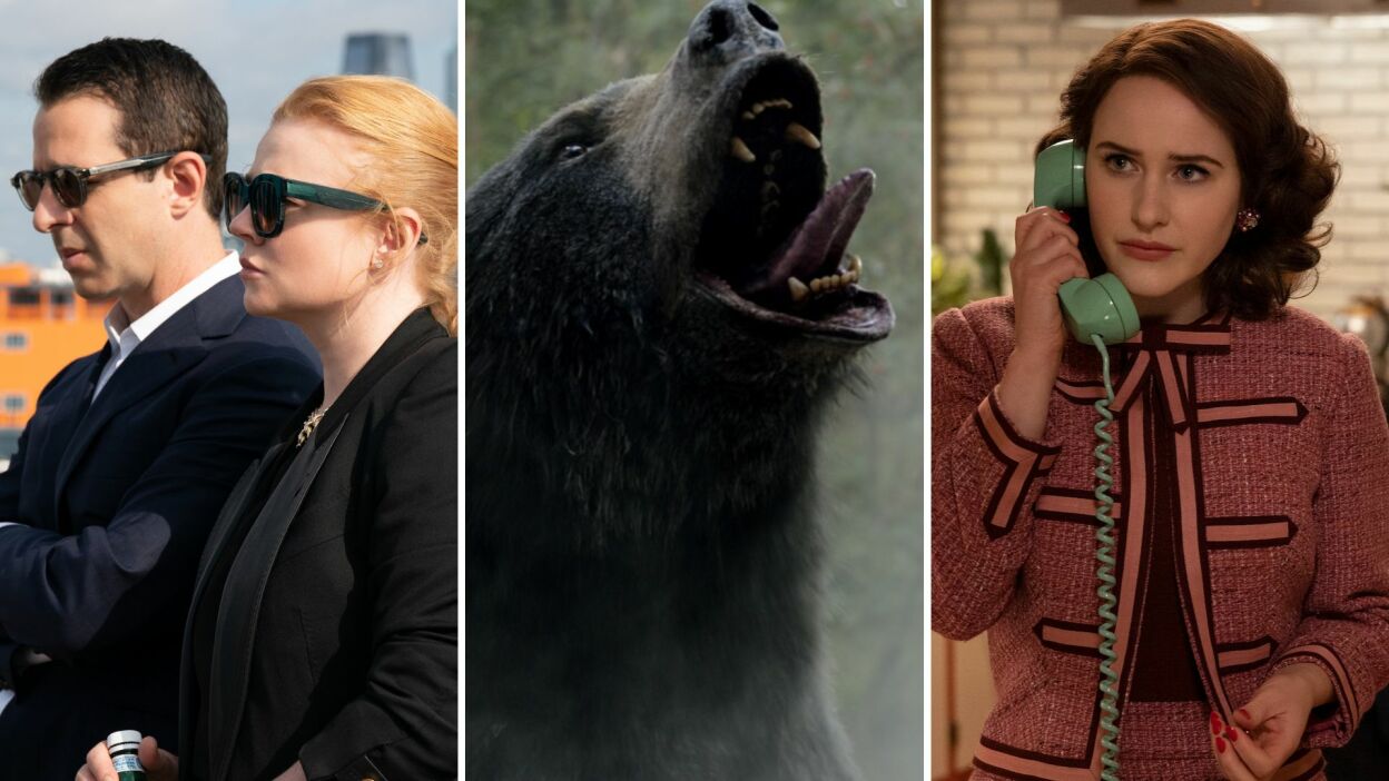 Three images from TV and movies: Two people in dark suits and sunglasses on a boat, a bear covered in cocaine, and a woman in the '60s on a phone in a kitchen.