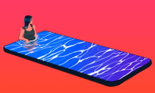 A woman sits in a pool that is the surface of a phone, in this illustration.