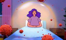 An illustration of a woman sitting upright in bed and meditating while sick with COVID.