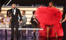 Brett Goldstein accepts the Outstanding Supporting Actor in a Comedy Series Emmy from Lizzo.