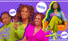 A collage of images of Chelsey Hall hosting "Civics for the Culture" in front of a purple polka dot background.