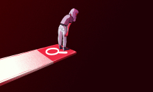 An illustration of a life-size search bar floating in a dark room. A person stands at the edge of the search bar staring into the abyss. 