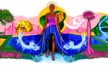 A brightly illustrated image of a woman walking through glittering water. She has a prosthetic leg and is using crutches, and her blue skirt is morphing into the waves.
