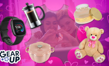 Collage of products for Valentine's day on top of a couple