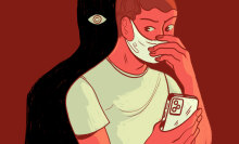 A person with a mask on looking at their phone while a dark figure looms over their shoulder.