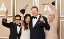 Ke Huy Quan, winner of Best Actor in a Supporting Roll award for ‘Everything Everywhere All at Once', Michelle Yeoh, winner of the Best Actress in a Leading Role award for ‘Everything Everywhere All at Once', Brendan Fraser, winner of the Best Actor in a Leading Role award for ’The Whale', and Jamie Lee Curtis, winner of the Best Actress in a Supporting Role award for ‘Everything Everywhere All at Once’ pose in the press room during the 95th Annual Academy Awards at Ovation Hollywood on March 12, 2023 in Hollywood, California.