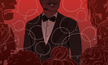 An illustration of a celebrity man in a tuxedo surrounded by shadowy, anonymous faces. 