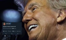 close up of trump face and tweet about indictment