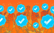 An illustration of people holding phones, their heads replaced by giant blue verification tick badges. One person's face is visible and they look confused and annoyed.