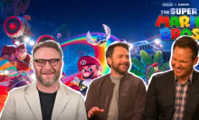 Screenshots of Seth Rogen, Charlie Day and Chris Pratt laughing against a 'Super Mario Bros' background
