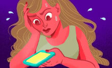ilustration of woman looking worriedly at dating app and sweating