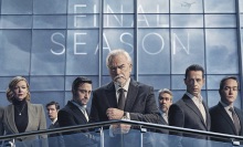 The characters of "Succession" stand on a balcony on a glass skyscraper. The words "Final Season" are seen in the reflection, along with the New York city skyline and a plane taking off.