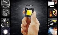 hand holding a portable flashlight, eight photos along the border of the frame show the flashlight's tools in action: as a bottle opener, kickstand, and more