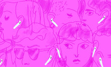 an illustration, primarily in pink and white, featuring people who have airpods in their ears
