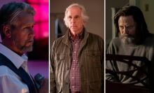 Three images: Connor Roy from "Succession" in a karaoke bar, Gene Cousineau from "Barry" standing in a doorway, and Frank from "The Last of Us" sitting at a piano.