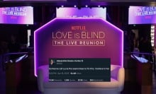 Love is blind reunion set with screenshot of tweet about the show from AOC