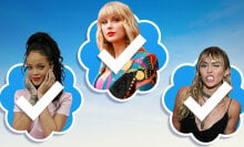 Illustration of Rihanna, Miley Cyrus, and Taylor Swift with blue Twitter checkmarks