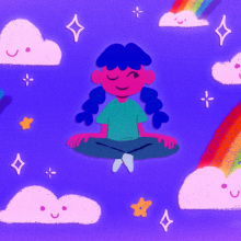 A girl meditating amidst clouds and rainbows