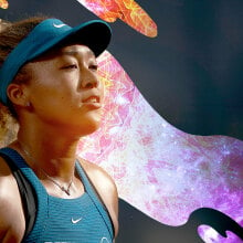 Naomi Osaka on court looking determined, with a cosmic splash of color on the background.