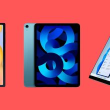 galaxy tab, ipad air, and microsoft surface pro with coral background