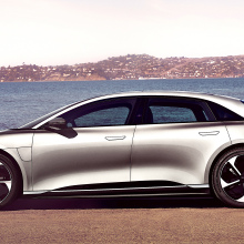 The Lucid Air next to the San Francisco Bay