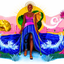 A brightly illustrated image of a woman walking through glittering water. She has a prosthetic leg and is using crutches, and her blue skirt is morphing into the waves.