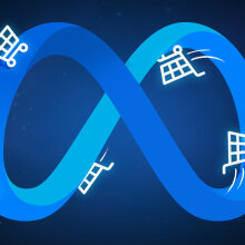An illustration of the blue Meta logo, which resembles an infinity sign, with small shopping carts zooming around its curves.