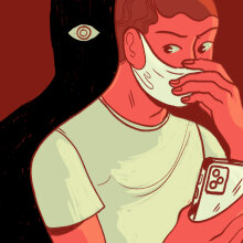 A person with a mask on looking at their phone while a dark figure looms over their shoulder.