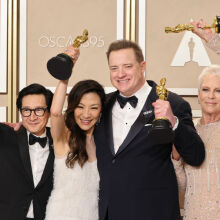 Ke Huy Quan, winner of Best Actor in a Supporting Roll award for ‘Everything Everywhere All at Once', Michelle Yeoh, winner of the Best Actress in a Leading Role award for ‘Everything Everywhere All at Once', Brendan Fraser, winner of the Best Actor in a Leading Role award for ’The Whale', and Jamie Lee Curtis, winner of the Best Actress in a Supporting Role award for ‘Everything Everywhere All at Once’ pose in the press room during the 95th Annual Academy Awards at Ovation Hollywood on March 12, 2023 in Hollywood, California.