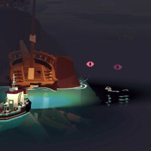 In "Dredge," a boat sailing at night is surrounded by red, lidless eyes.