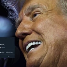 close up of trump face and tweet about indictment