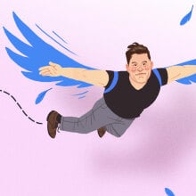 illustration of elon musk trying to fly with twitter bird wings