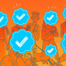 An illustration of people holding phones, their heads replaced by giant blue verification tick badges. One person's face is visible and they look confused and annoyed.