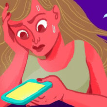 ilustration of woman looking worriedly at dating app and sweating