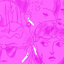 an illustration, primarily in pink and white, featuring people who have airpods in their ears