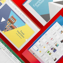 four ipads lay against a red backdrop, showing different microsoft office suite programs like excel, outlook, etc.