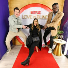 Nick Lachey, Deepti Vempati, Kwame Appiah and Love Is Blind cast celebrate Netflix's first Live Reunion with the iconic pods at Rockefeller Center In New York City on April 04, 2023 in New York City. 