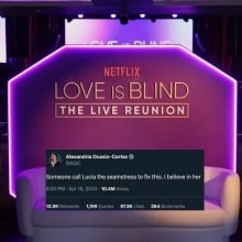 Love is blind reunion set with screenshot of tweet about the show from AOC