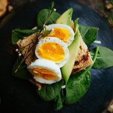 Boiled eggs and avocado on toast and spinach