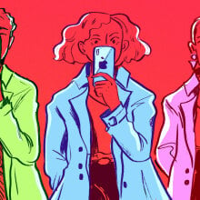 Three people standing in bright trench coats holding iPhones over their faces. 