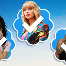 Illustration of Rihanna, Miley Cyrus, and Taylor Swift with blue Twitter checkmarks