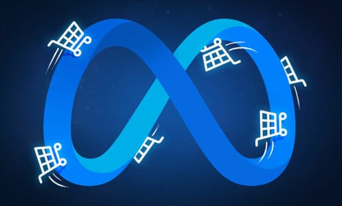 An illustration of the blue Meta logo, which resembles an infinity sign, with small shopping carts zooming around its curves.