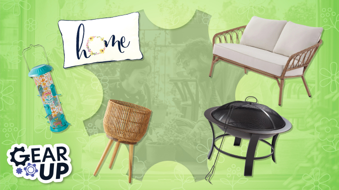 Photo collage featuring outdoor patio products
