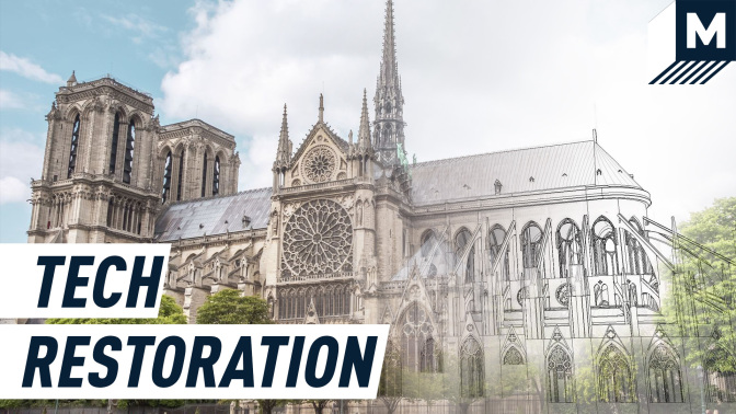 Render of a 3D reconstruction model shows the Notre Dame, partially restored.