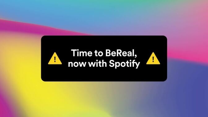 A notification that reads, "Time to BeReal, now with Spotify."
