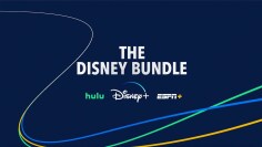 Hulu, Disney+, and ESPN+ logos and swirl graphic on blue background