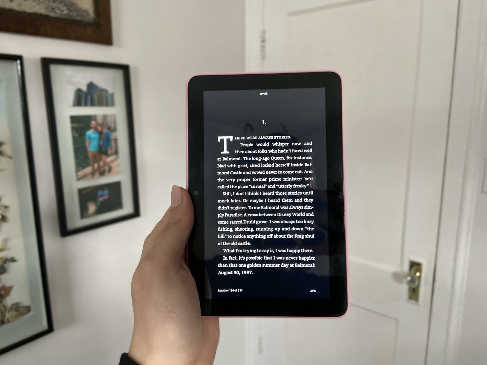 a close-up of an e-book page in the kindle app on a fire 7 tablet in dark mode